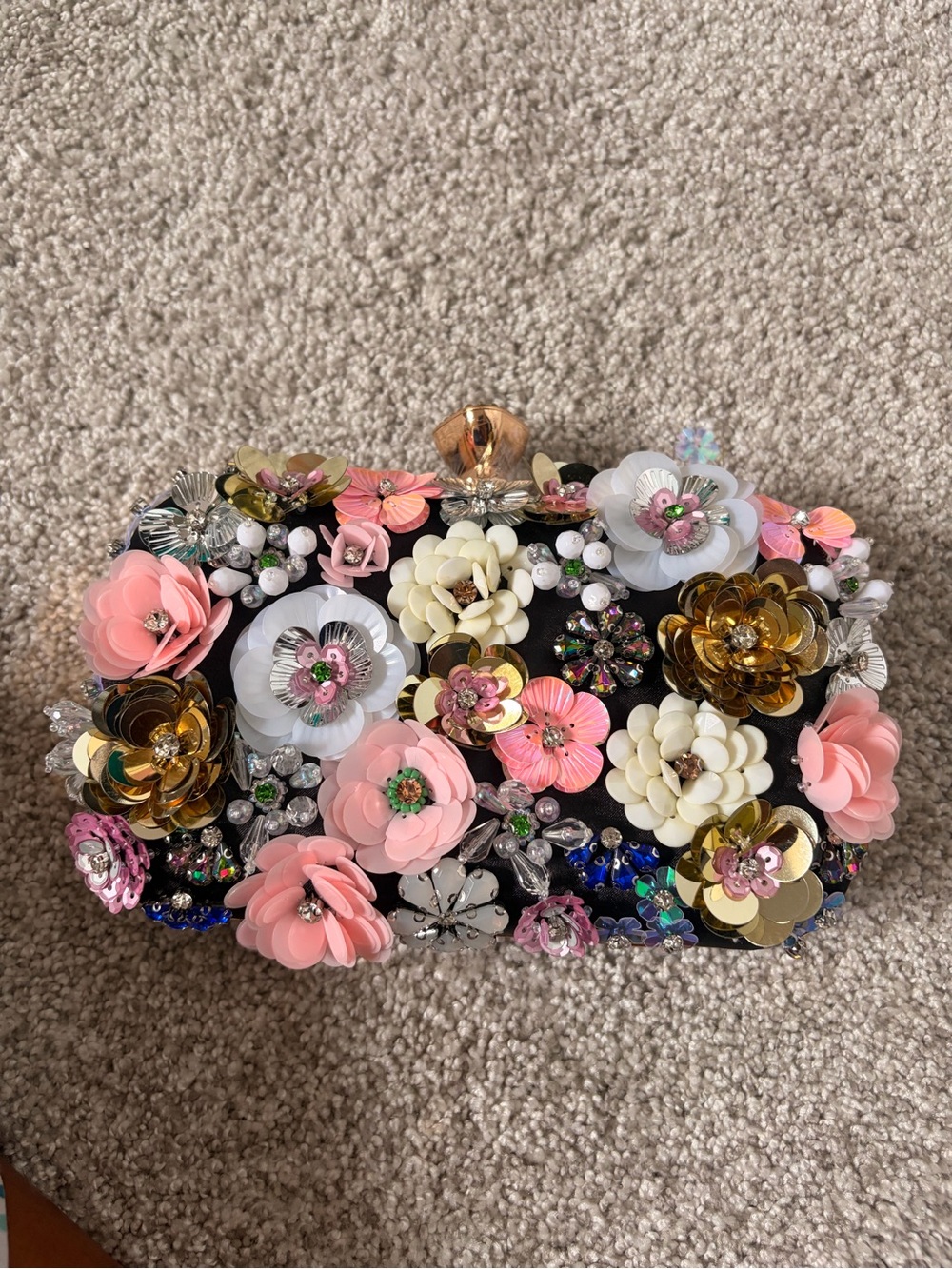 Floral Embellished Women's Clutch Bag in Pink, White & Gold